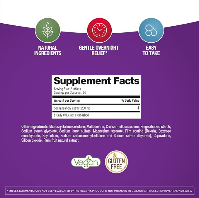 Prunelax Ciruelax Maximum Relief Laxative Tablets with Natural Senna for Occasional Constipation, Senna Extract, Vegan & Gluten-Free, Gentle Overnight Relief - 60ct