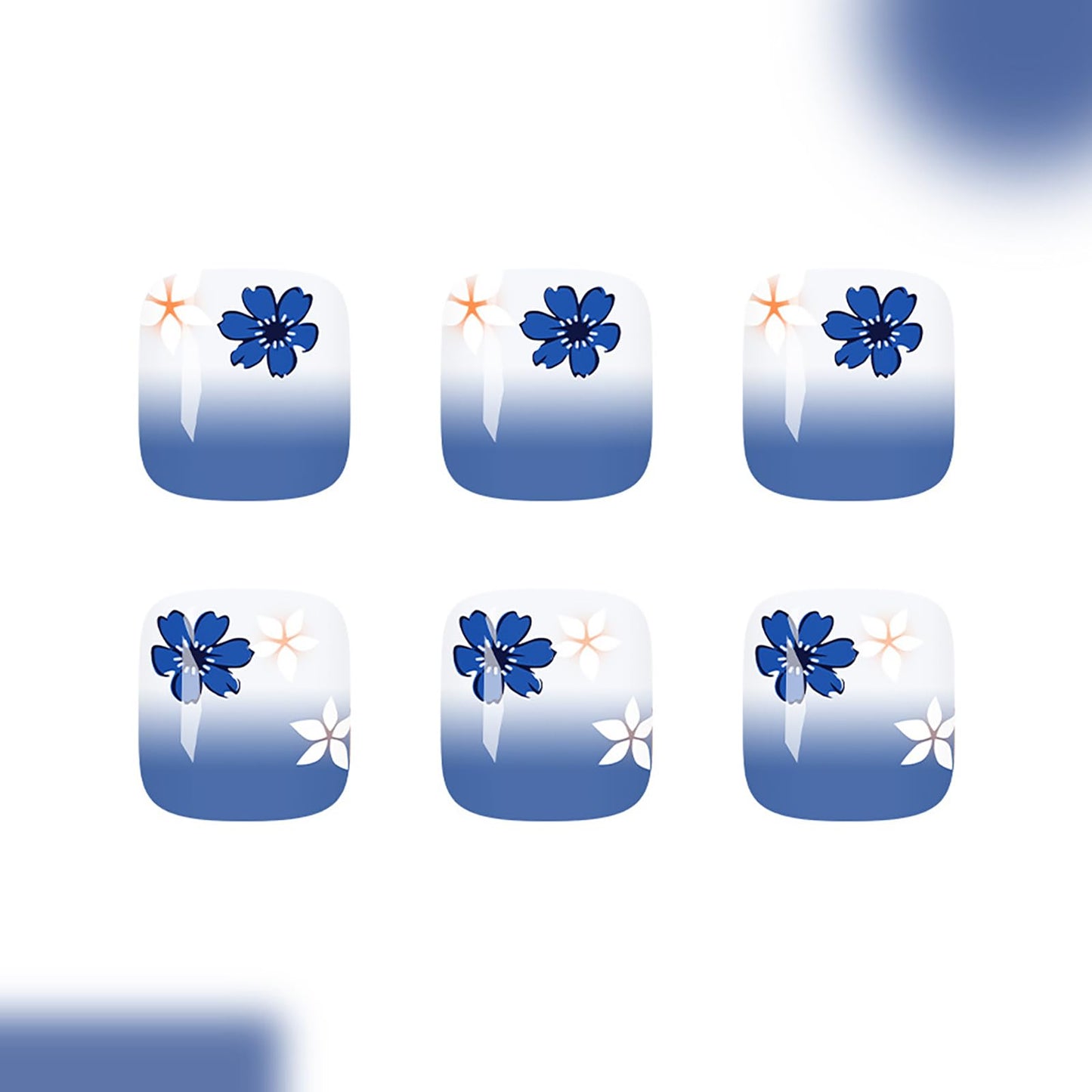 24Pcs Spring Summer Press on Toenails,Short Square Fake Toenails with Flower Glitter Designs Dark Blue French Gradient Toenails Full Cover Acrylic Glossy Stick on Toes Nails for Women