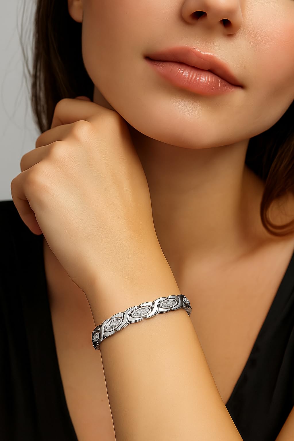 38 Elegant Titanium Magnetic Bracelet for Women Germanium and Magnetic Functions with Free Link Removal Tool Christmas gift (Silver With Zircon)