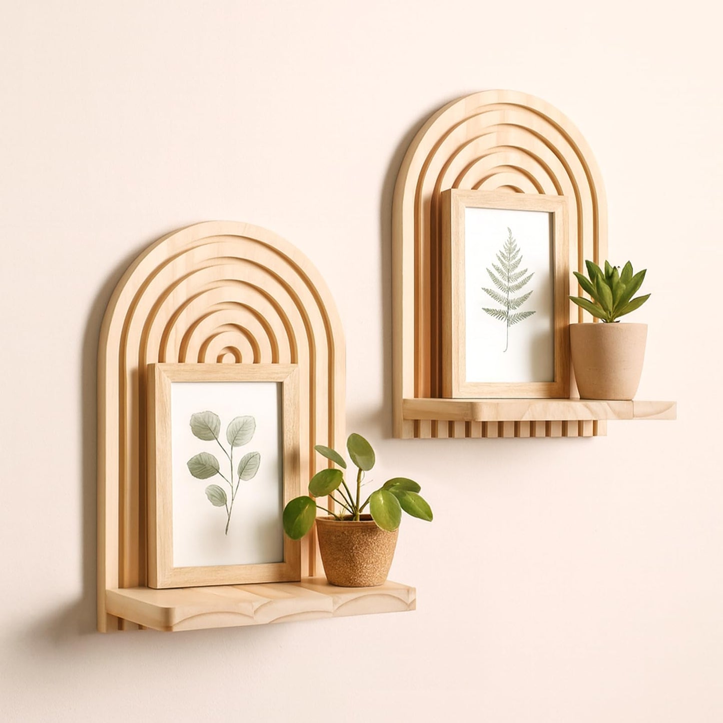 Artilady 2 Pack Boho Wood Wall Hanging Shelf - Handmade Rainbow Arch Floating Shelves Trinket Storage Rack Modern Wall Decor for Bedroom Living Room Nursery Bathroom