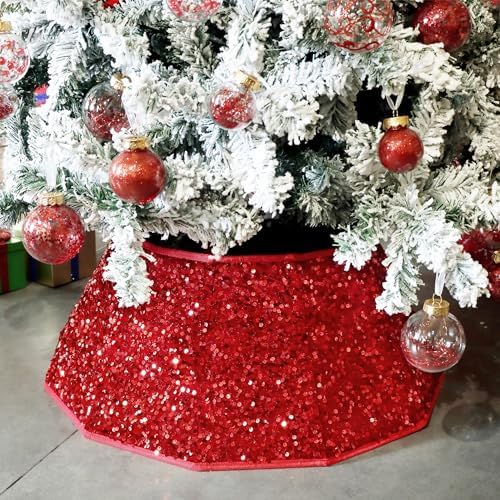 Blissun Christmas Tree Collar, Sequin Christmas Tree Skirt, Foldable Tree Ring, Xmas Tree Stand Base Cover for Christmas Tree Decoration, Round Red