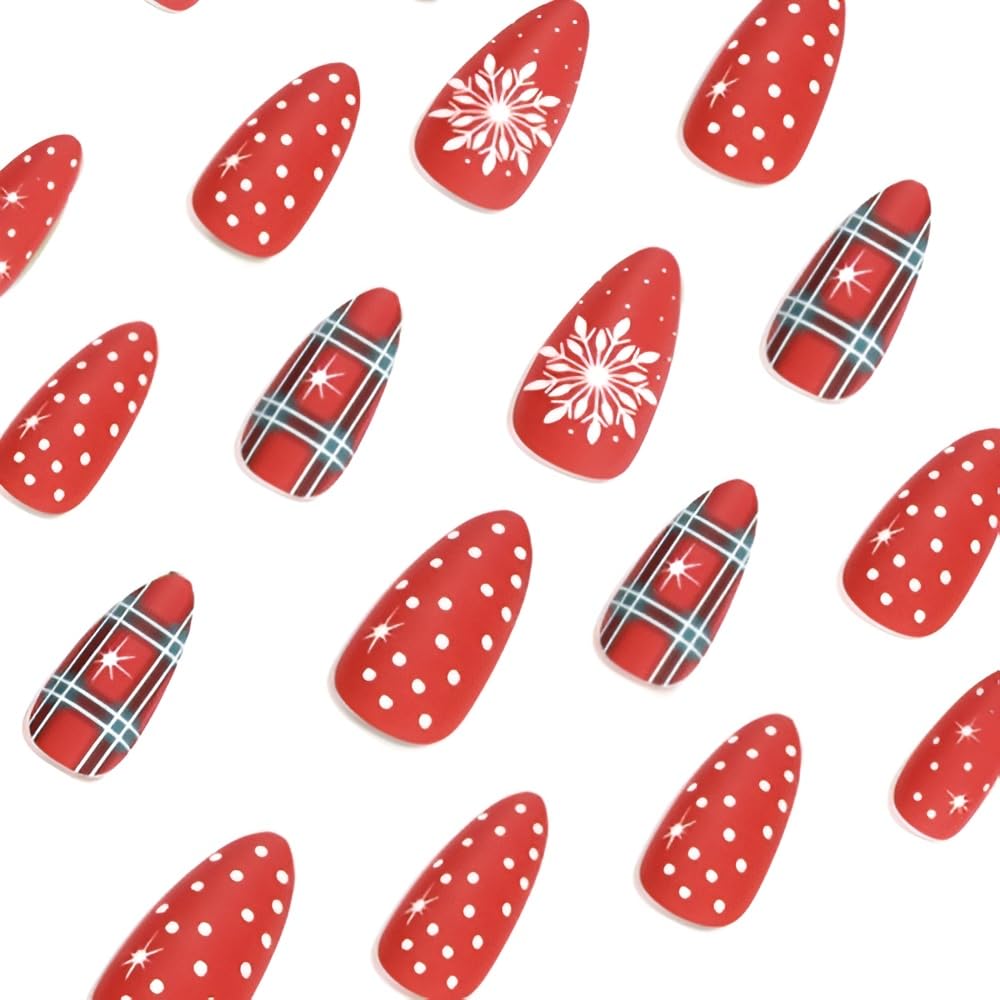 Almond Christmas Press on Nails Medium Red Fake Nails with White Snowflake Design Matte Christmas False Nails Acrylic Nails Full Cover Glue on Nails Stick on Nails for Women and Girls