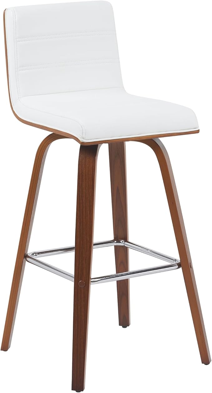 Armen Living Vienna Modern Swivel 30" Bar Height Barstool with White Faux Leather and Walnut Wood Finish