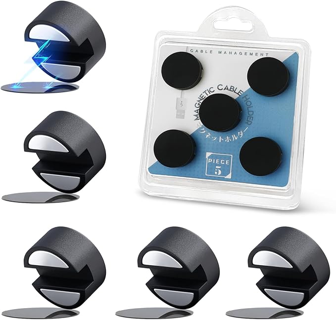 Maveek 5 Pcs Magnetic Cord Holder Cable Management, Strong Cable Clips Magnets Metal Plate, Adhesive Wire Organizers for Nightstand Desktop Wall Kitchen USB LAN (Black)