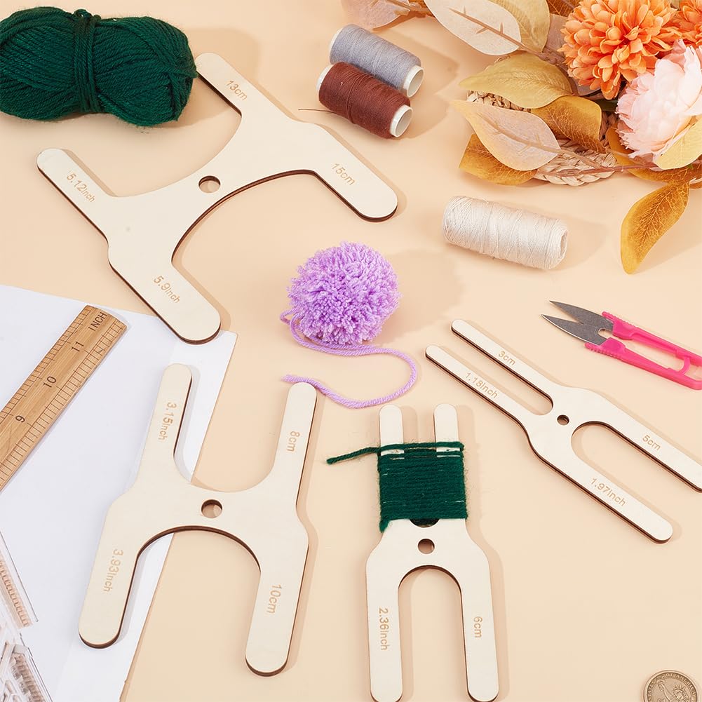 BENECREAT 4Pcs 8 Sizes Wooden Pompom Maker Fluff Ball Weaver, H-Shaped Wool Ball Making Tool Wood Pom Pom Maker Kit for Needle Craft DIY Wool Knitting Craft