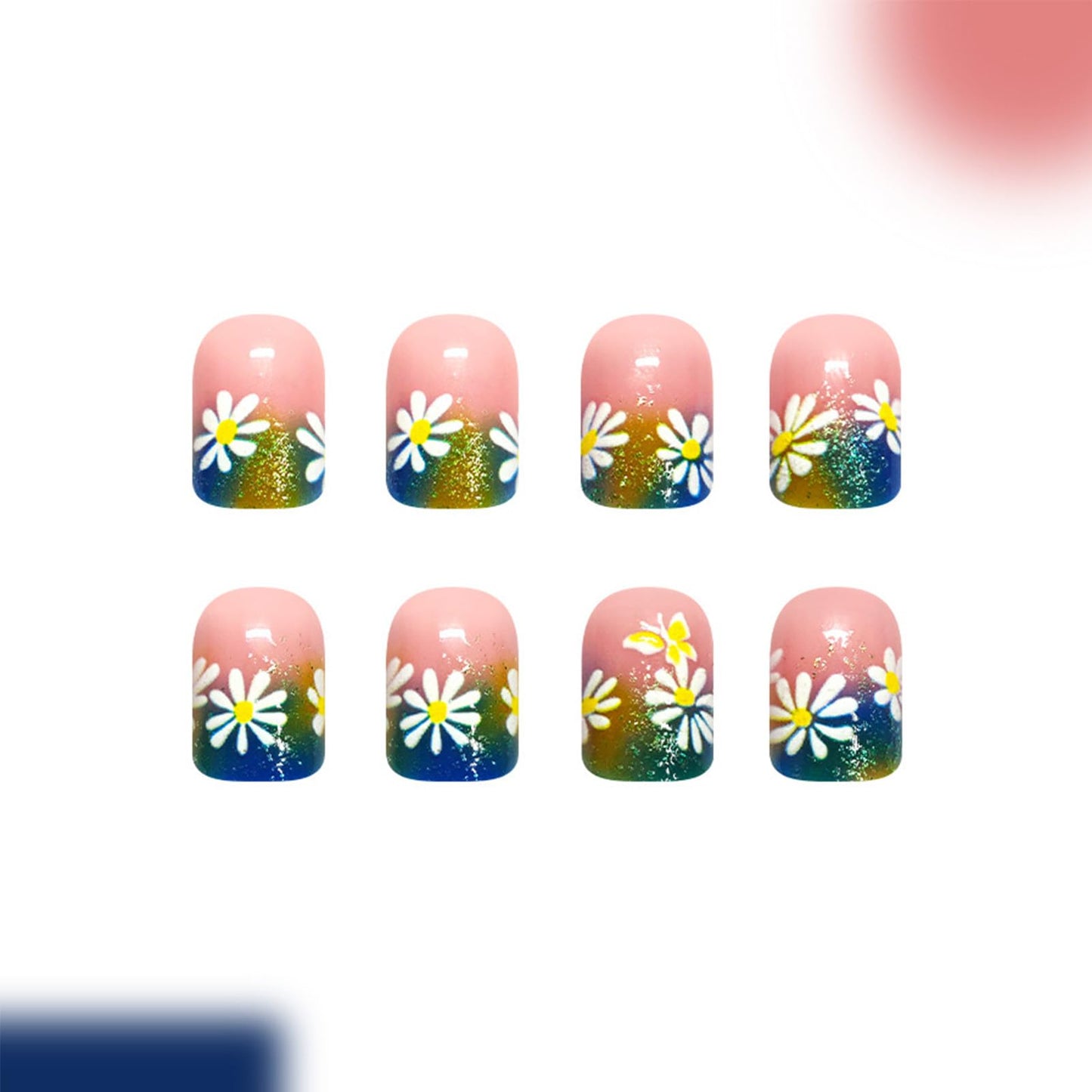 Spring Press on Nails Short Square Fake Nails with Glitter Daisy Designs French Flower Press on False Nails Gradient Glitter Nail Tips Spring Floral Glue on Nail for Women 24Pcs