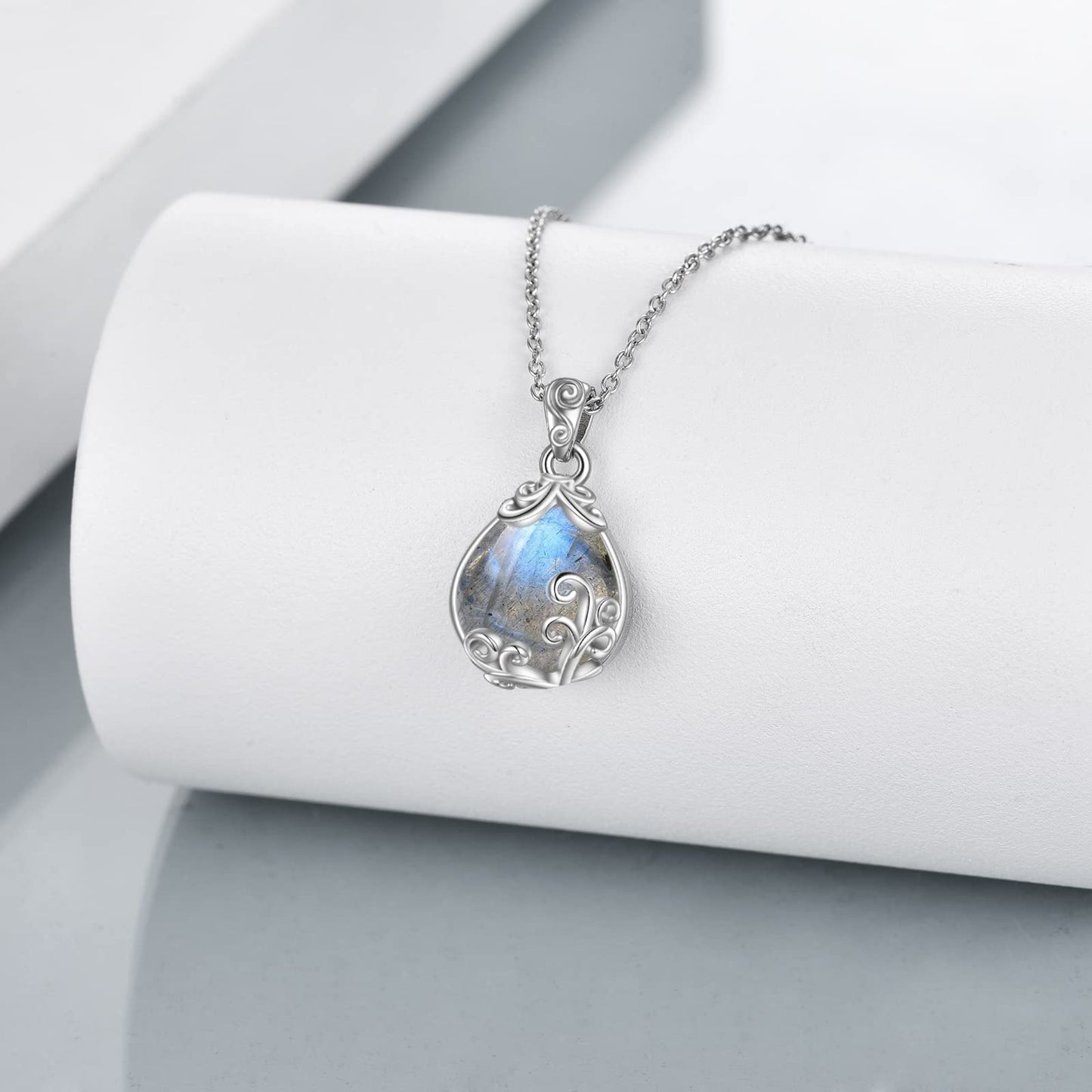 POPLYKE Sterling Silver Labradorite Filigree Teardrop Necklace Jewelry for Women（Small）