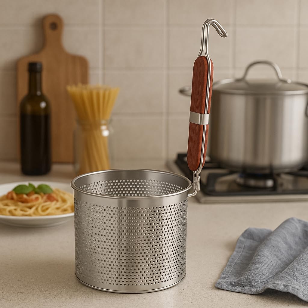 Mesh Pasta Basket Food Strainer Insert For Pot, Colander with Round Wooden Handle Stainless Steel Mesh Spider Strainer for Pasta Noodles Dumpling Vegetable (7 Inches)