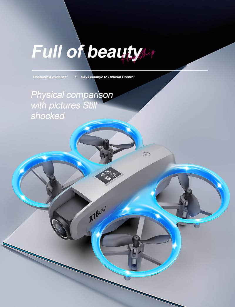 Little Pilot X18 RC Toy Drone with Dual Cameras, Propeller Guards, One-Key Takeoff/Landing, Intelligent Obstacle Avoidance, 3D Flips, Hovering, LED Lights,Batteries, Dual Control via Remote & App，Flight First Lesson XI8 Mini Quadcopter RC Drone Lets the