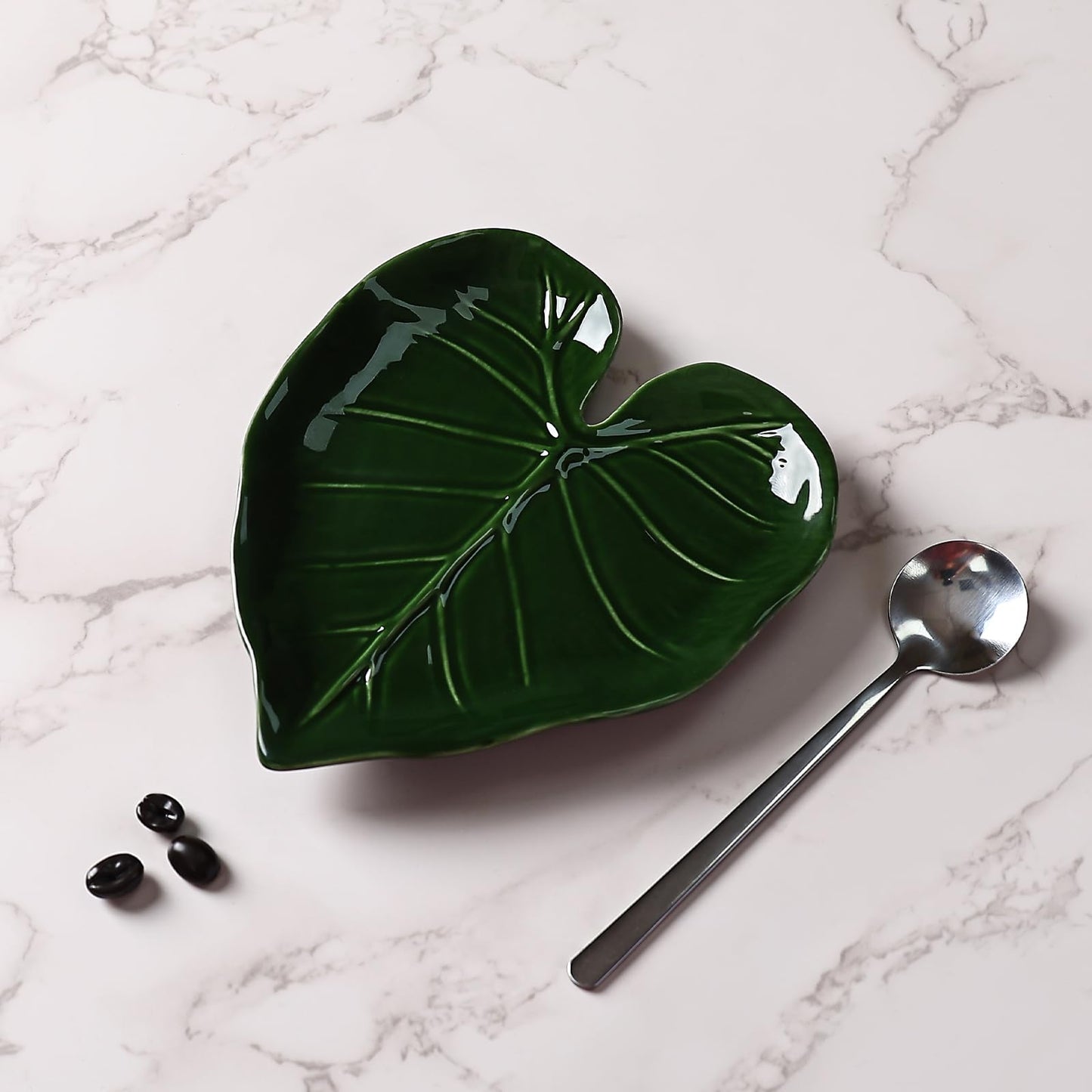 Koythin Ceramic Leaf-Shaped Spoon Rest, Decorative Spoon Holder, Elegant Kitchen Accessories (Green Leaves)