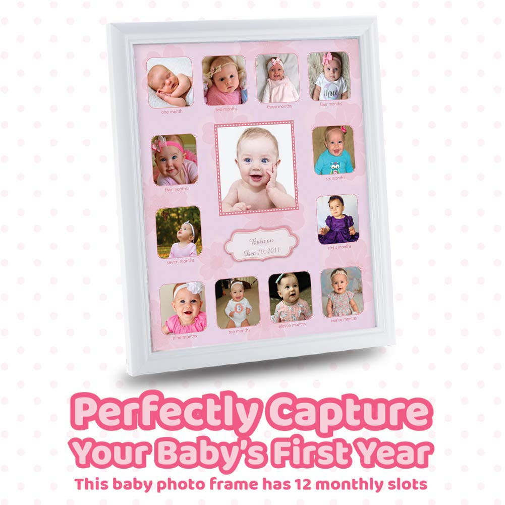 Comfecto 12 Month Baby Picture Frame Collage, Babies First Year Photo Frame, First Year Baby's Memory Frame, Milestone Keepsake Display for Newborn, Baby Registry Gift for Expecting Parents, Pink