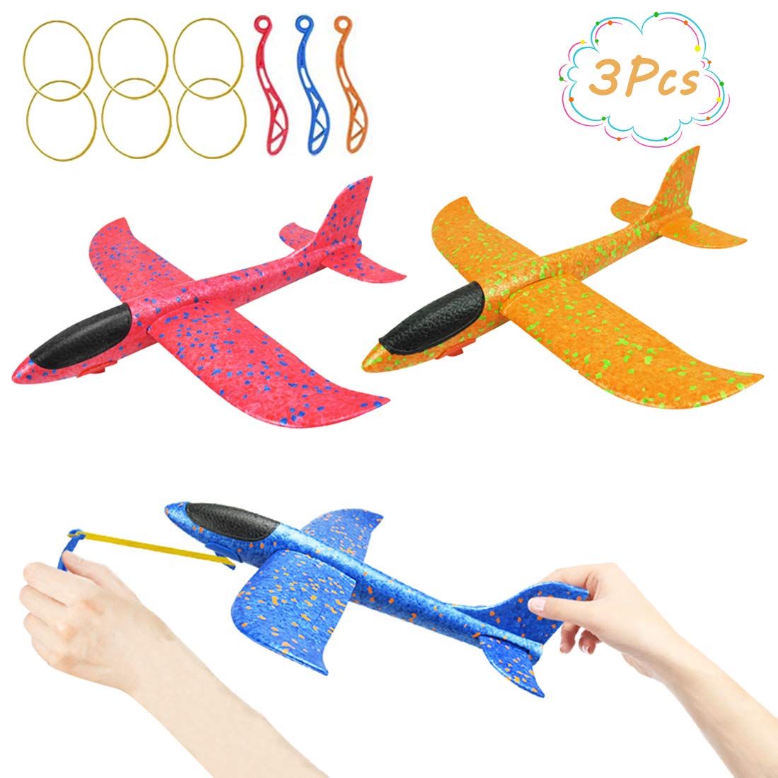 DC-BEAUTIFUL 3 Pack Upgrade 13.6" Airplane Toys, Throwing Plane 2 Flight Modes, Throwing Foam Airplanes with Rubber String Launch, Outdoor Sport Toy Party Favor Birthday Gift for Kids