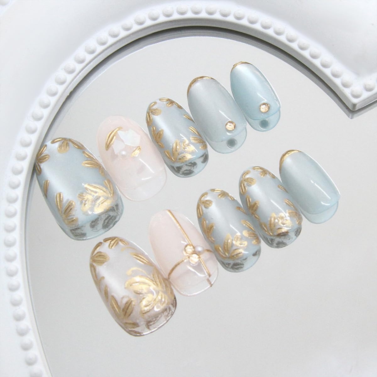 24Pcs Flower Press on Nails Short Almond Fake Nails with 3D Pearl Design Gilding False Nails Gold Glitter Stick on Nails Silver Blue Full Cover Glue on Nails Spring Summer Artificial Nails for Women
