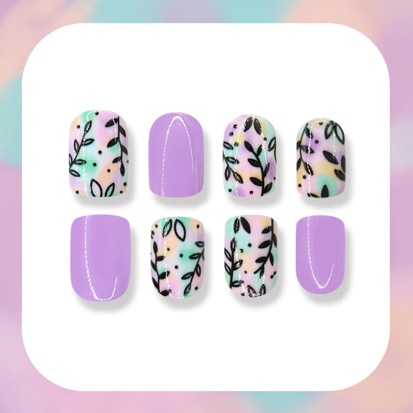 Square Press On Nails Short Fake Nails Leaf With Gradient Design Purple False Nails Spring Summer Acrylic Glue On Nail Full Cover Cute Press Ons Stick On Nail For Women Manicure Art 24pcs