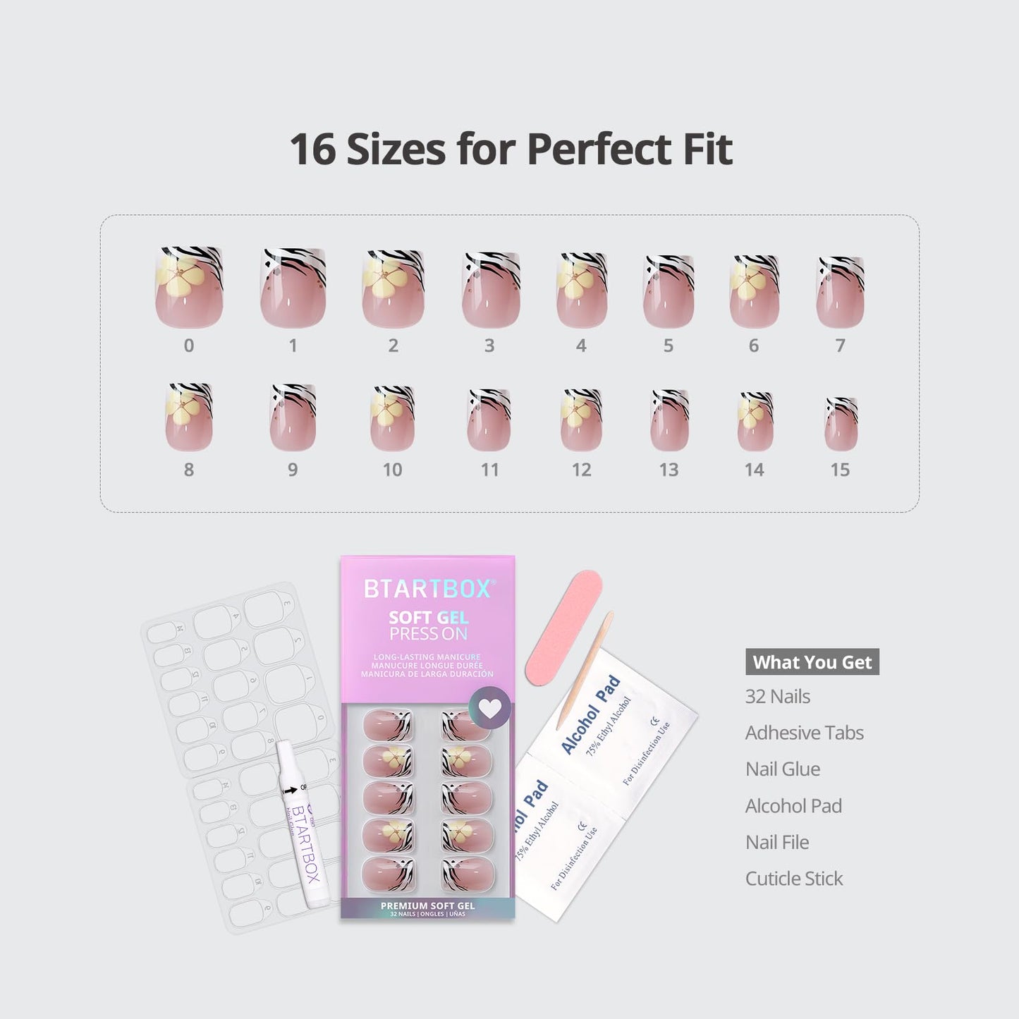 BTArtbox French Tip Press On Nails - Isle Plumeria, Easy-to-Apply Flower Short Square Press On Nails with Glue and Adhesive Tabs in 16 Sizes - 32 Nails All-in-One Kit