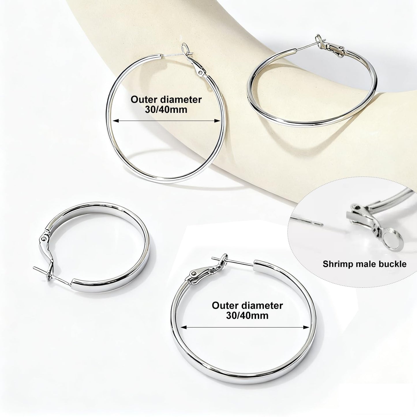 PICKBEAU Chunky Silver Hoop Earrings for Women | 14K Plated Hypoallergenic 4mm Wide & Thin Big Round Circle Hoops Stainless Steel Womens Dangle Earring Set (30/40mm)