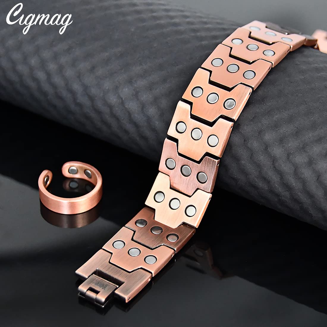 Cigmag 3X Copper Bracelet for Men Triple Ultra Strength Magnets Pure Copper Magnetic Bracelet & Ring Set with Adjustable Sizing Tool