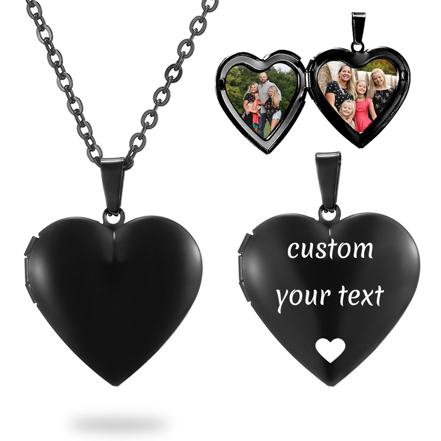 PHOCKSIN Black Glossy Personalized Heart Locket Necklace Custom Photo Locket Necklace for Women Picture Locket Pendant Necklace Text & Symbols Engraved Customized Lockets for Women