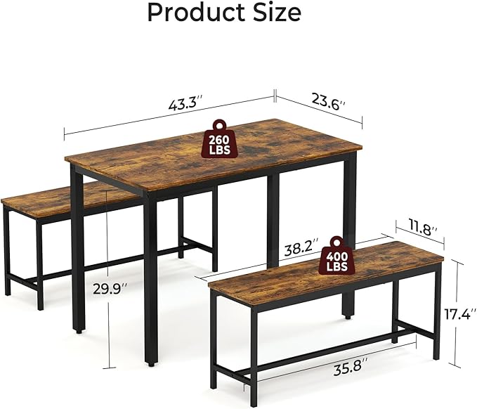 Tatub Dining Table Set for 4, 3-Piece Kitchen Table with 2 Benches, Space-Saving Dining Room Set for Breakfast Nook and Small Spaces, Brown