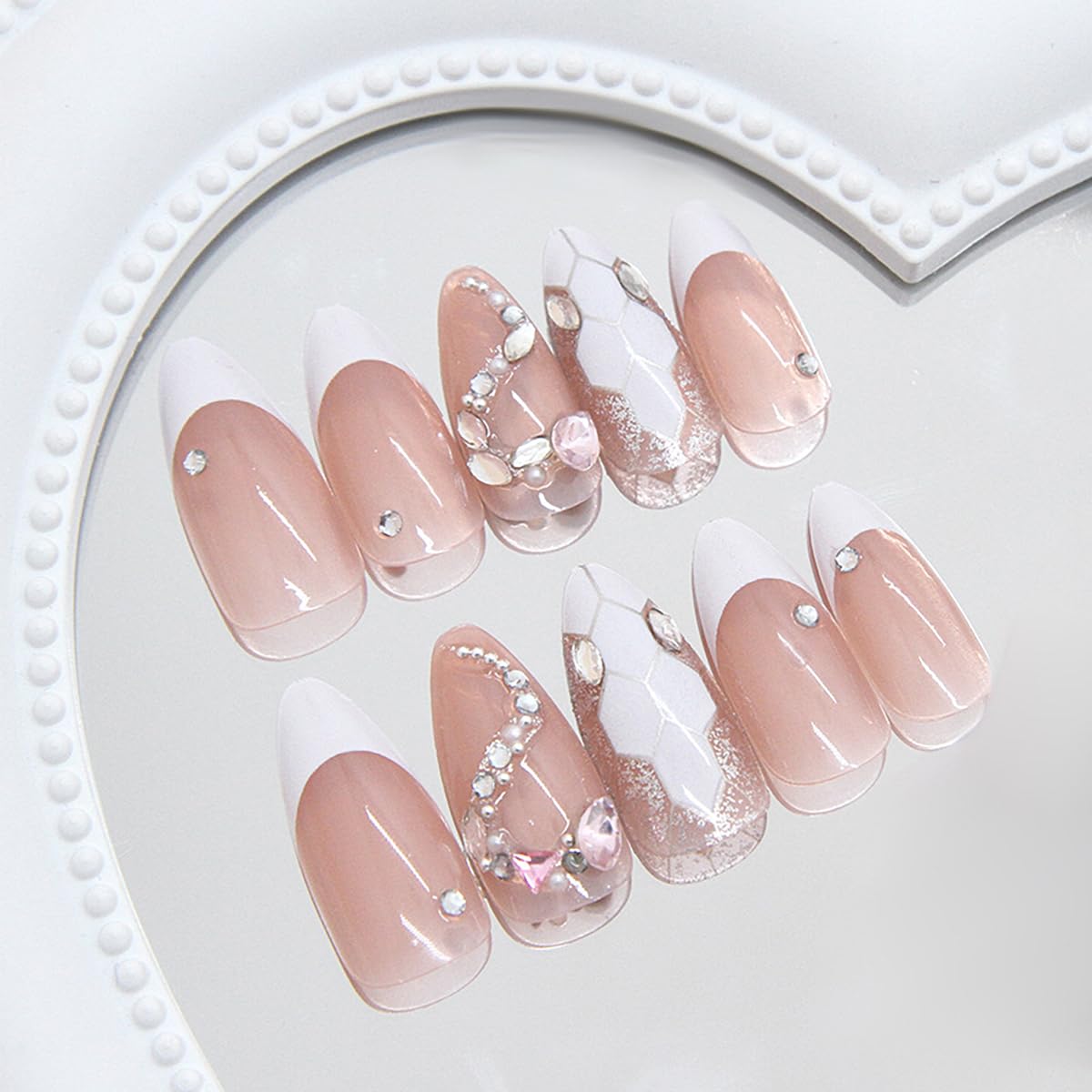 French Tip Press on Nails Medium Almond Fake Nails 3D Snake Rhinestones Design Nude Pink Acrylic Nails White French Nails Tip Glossy Glue on Nails Full Cover Artificial False Nails for Women 24Pcs