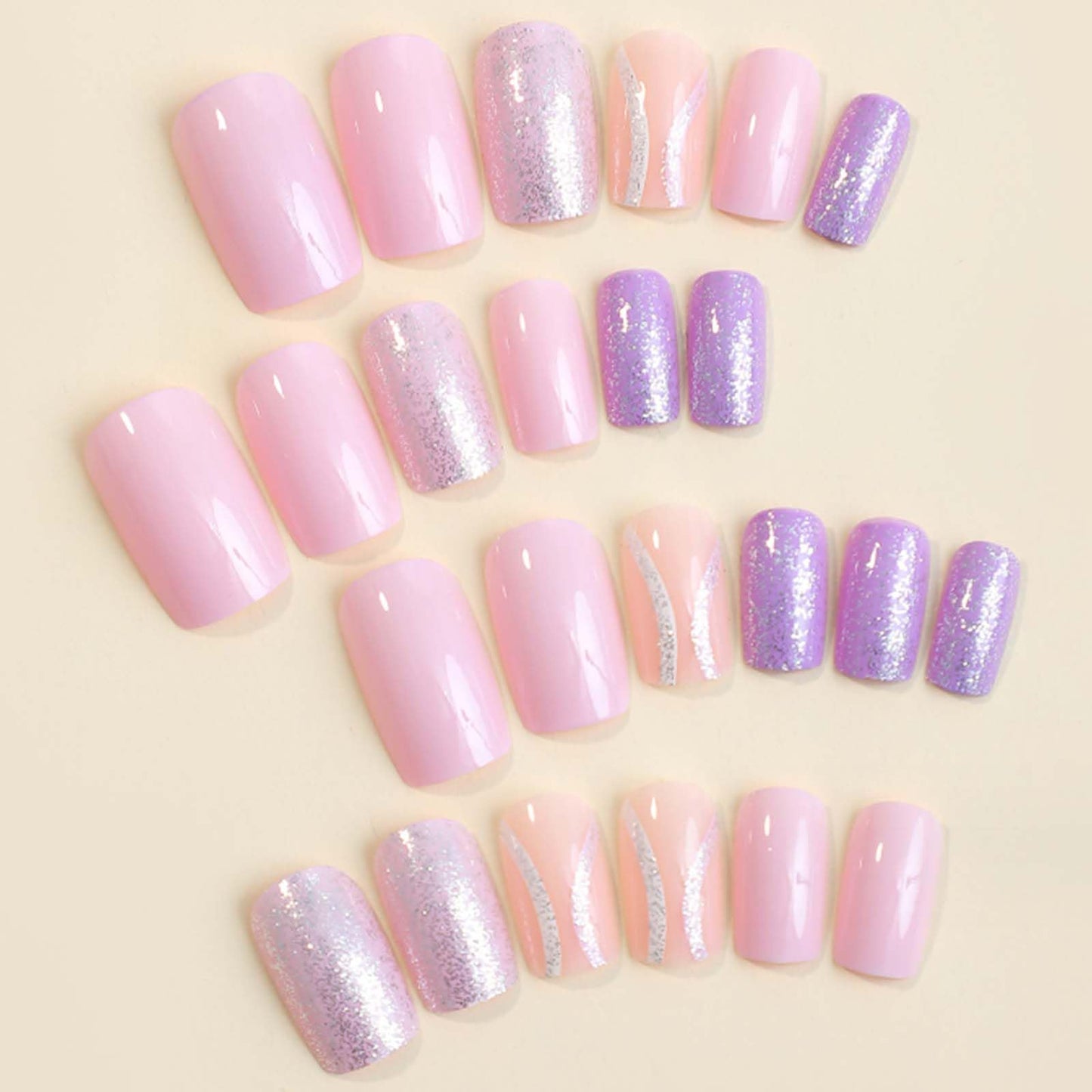 YoYoee Short Square Press on Nails Purple Cute False Nails Acrylic Fake Nails Bling Nails Tips for Women and Girls 24PCS