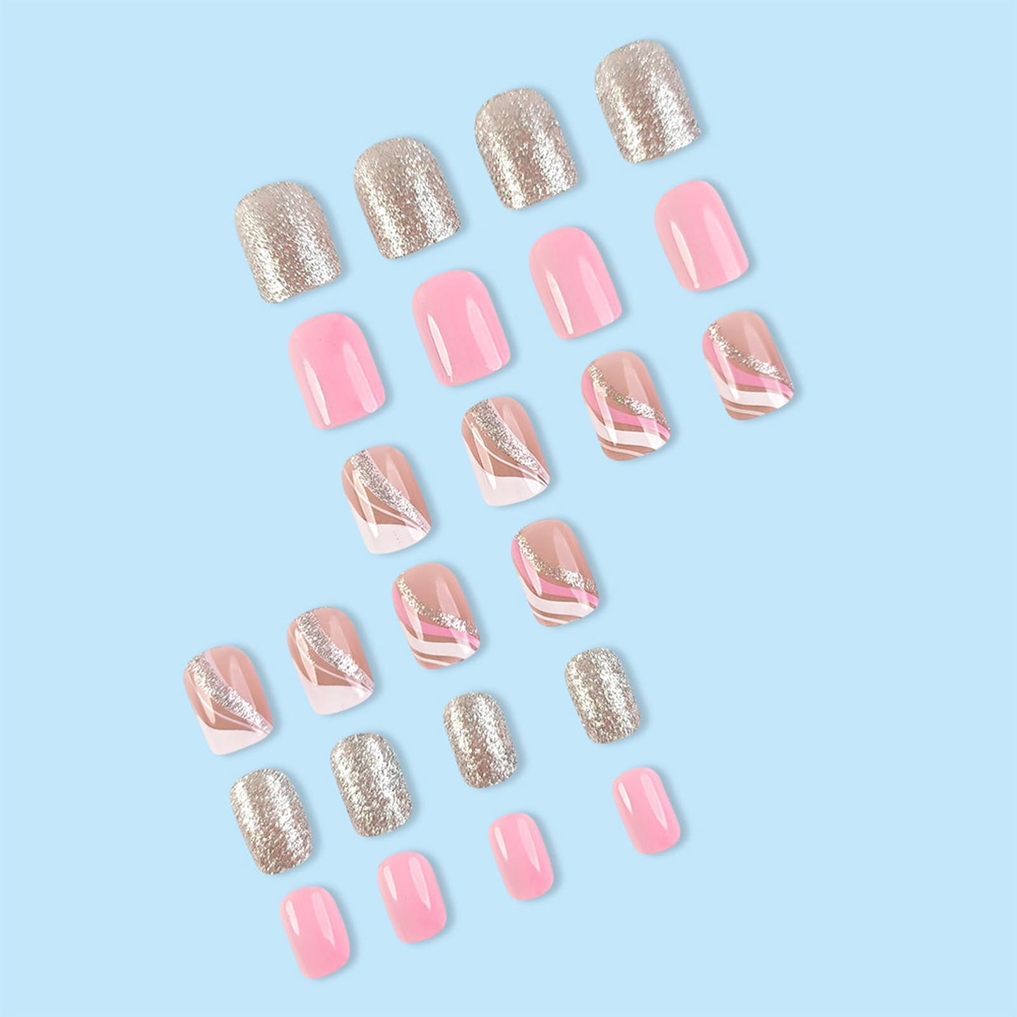 IMSOHOT Short Press on Nails Square French Tips Fake Nails Pink Silver Glitter Designs Full Cover Cute Acrylic Glossy Squoval Glue on False Nails for Women Girls 24Pcs