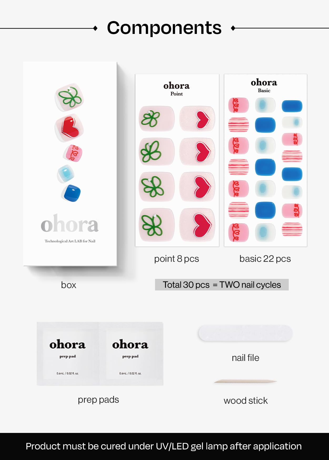 ohora Semi Cured Gel Pedi Strips (P Happy Go Lucky) - Mixed Colors, Works with Any UV/LED Lamps, Salon-Quality, Long Lasting, Easy to Apply & Remove - Includes 2 Prep Pads, Nail File & Wooden Stick