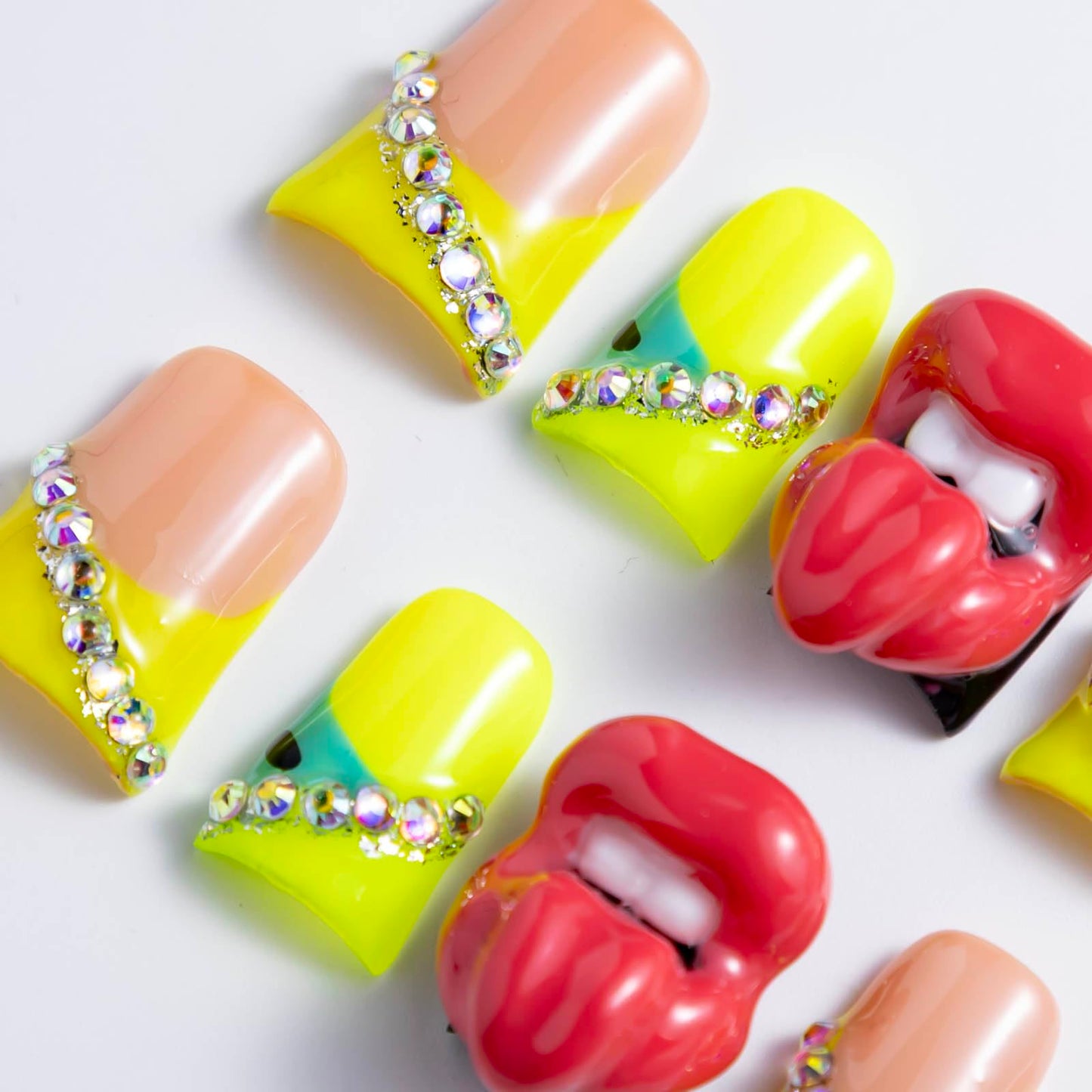 IntoVibes 10 Pieces Luxury Acrylic Press On Nails Short Handmade Duck Nails, Thickened False French Nails, Rhinestones, Yellow Star And 3D Red Lips, Reusable Fake Nails, Acrylic Nails (L)