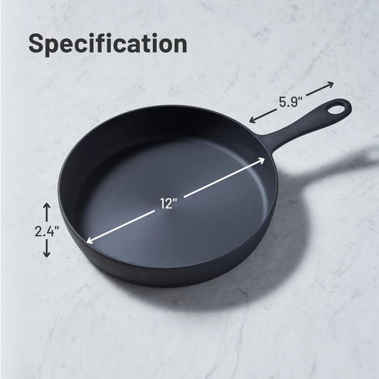 Flambo 12 Inch Smooth Cast Iron Skillet - Naturally Non-Stick, Pre-Seasoned Frying Pan, Smooth Finish for Grilling, Frying, Sauteing, Searing, Baking - Use on Oven, Stove, Grill, or Campfire