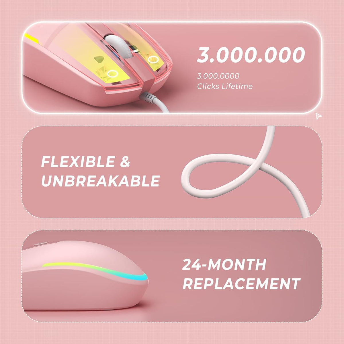 seenda Wired Mouse - USB Computer Mice Wired with RGB Backlit Optical LED Mouse with Attached USB Cord for Laptops Notebooks Chromebook - Pink