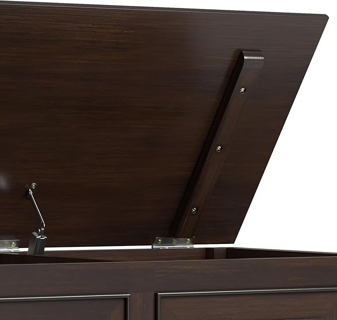 SIMPLIHOME Connaught Entryway Storage Bench - 36 inch Wide Solid Wood Small Storage Trunk Seat in Chestnut Brown, Traditional Bench for Entryway or Living Room with Lift-Up Lid and Paneled Front