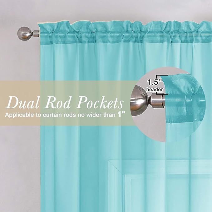 Lecloud Aqua Sheer Curtains for Bedroom 54 Inch Length 2 Pcs, Rod Pockets Solid Color Window Curtains for Living Room, Elegant Light Filtering Airy Voile Home Decor Drapes, Each Panel 42" W x 54" L