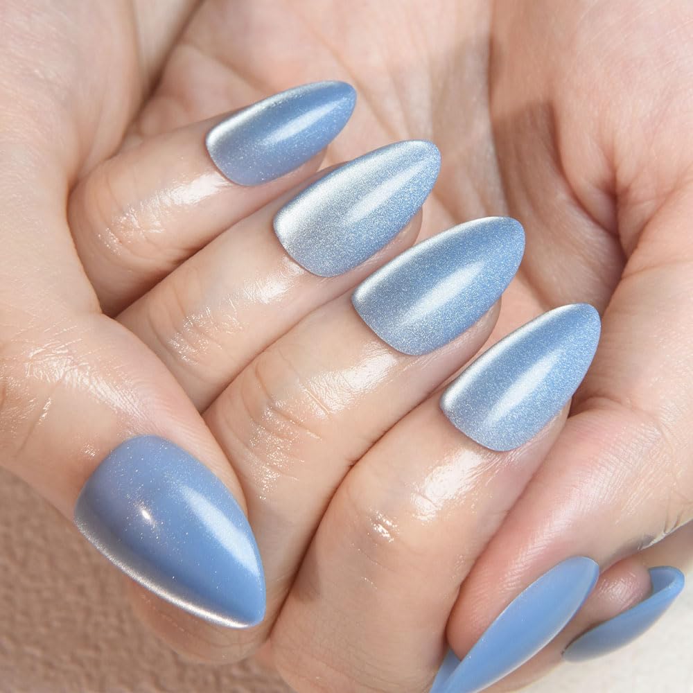 evpct Sky Blue Cat Eye Real Short Press on Nails Almond, Petite Short Almond Stick on Nails for Women Gift, Sky Blue Holographic Glossy Fake Nail Reusable, Soft Press on Acrylic Nail with Designs