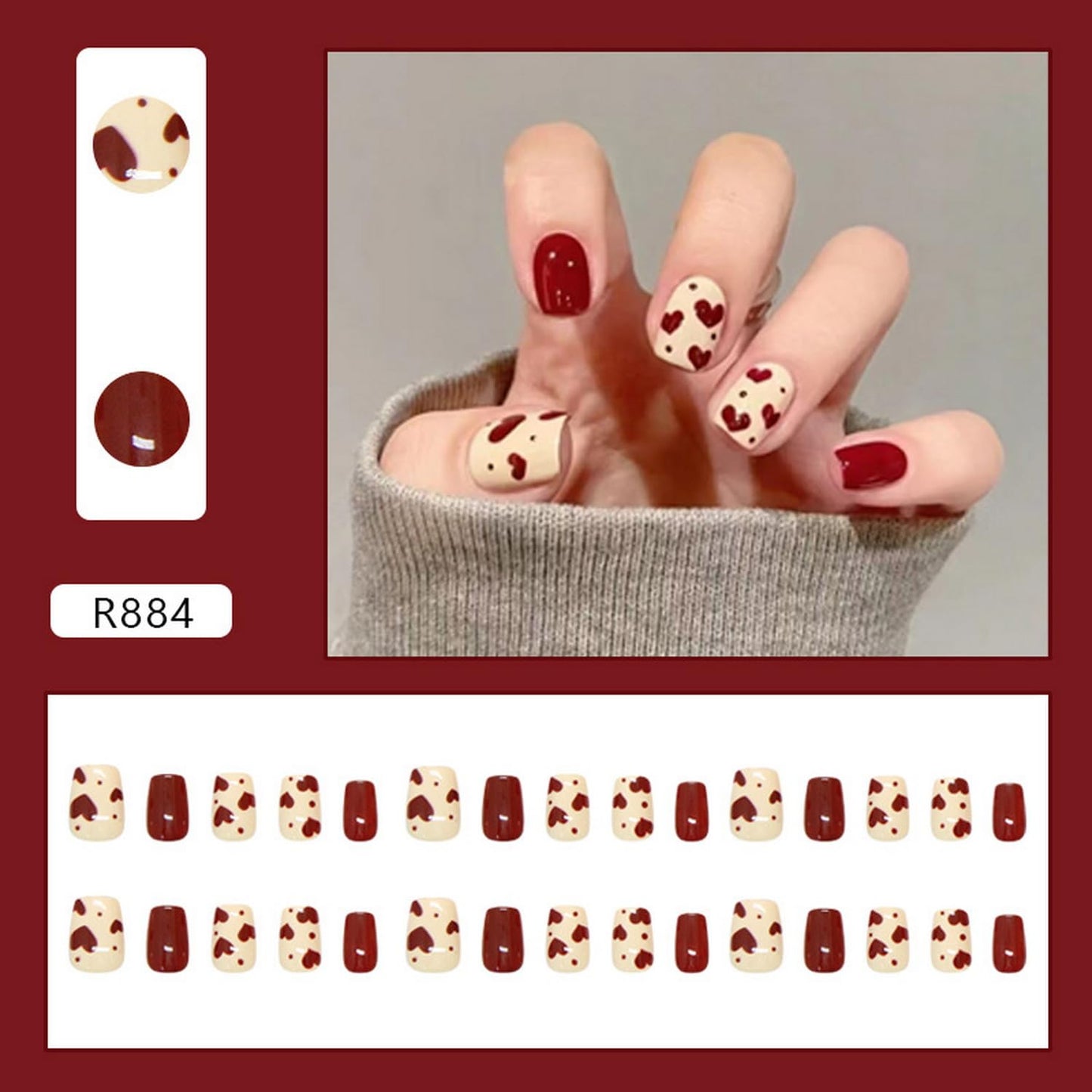 30pcs Valentine's Day Press on Nails Short Square Fake Nails Glossy Reusable Heart False Nails with Red Queen heart Acrylic Nails Stick on Nails Valentine Glue on Nails for Women