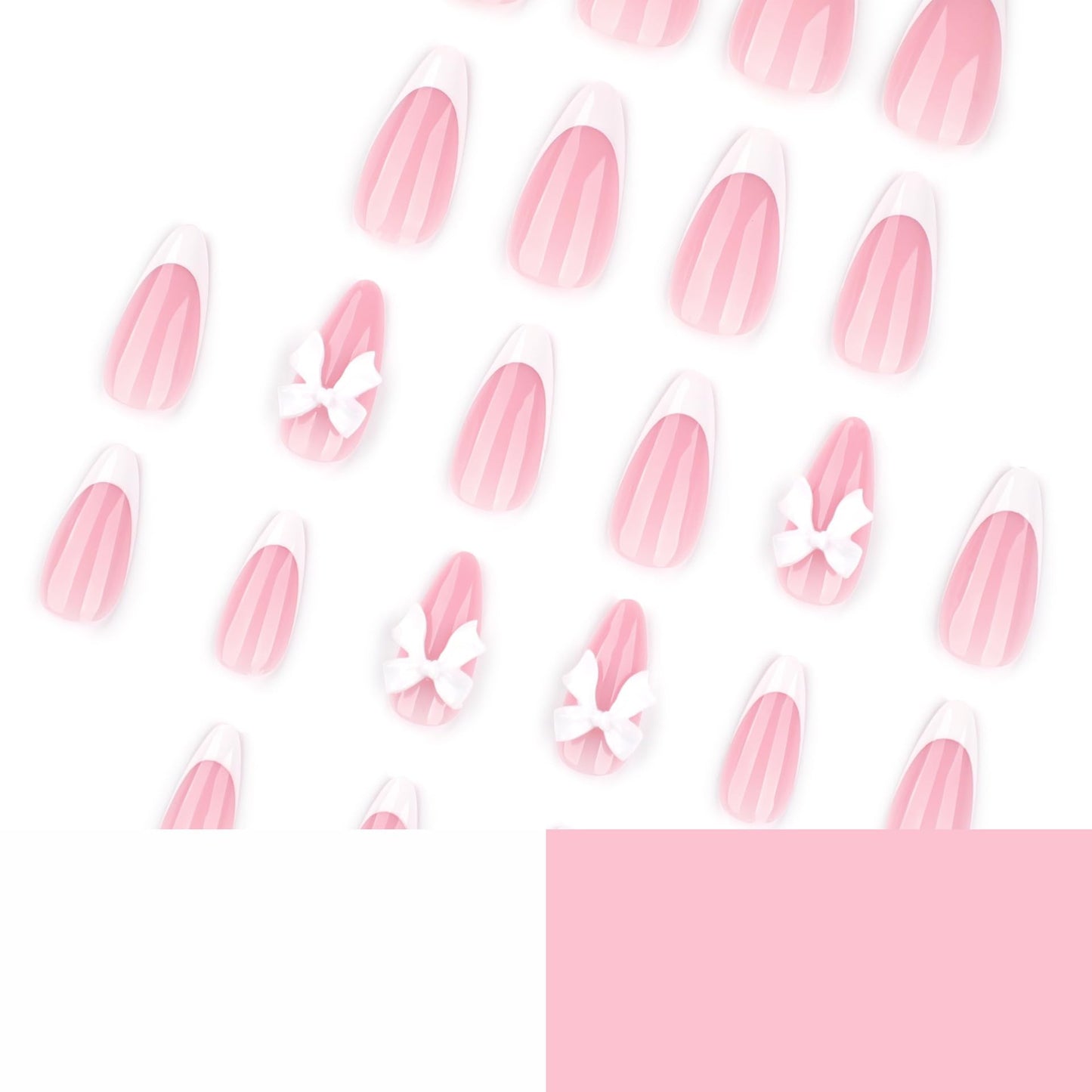 CTTHNBD Almond Press on Nails - White French Tip Fake Nails with Bow Charms Design - Glossy, Medium False Nails - for Women 24 Pcs
