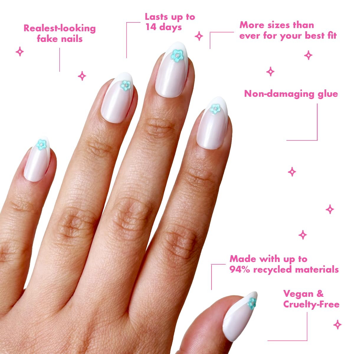 Olive & June Maximalist Instant Mani Press-On Nails (Glue) | 42 Fake Nails, 21 Sizes | Non-Toxic, Long-Lasting Big, Bold Gorgeous Realistic Look | Medium, Almond | Puffy Flower Chrome French