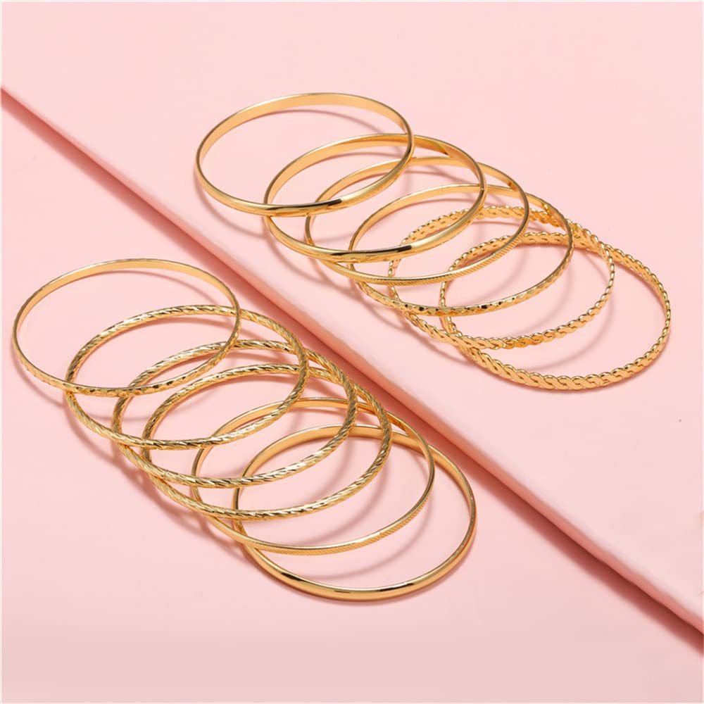 RINTOLER 12Pcs Gold Bangles for Women - Multi Layer Stackable Textured Gold Bracelets Boho Jewelrys Set.