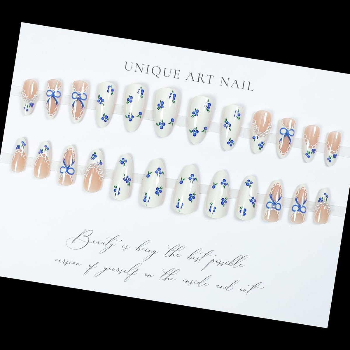 Medium Almond Press on Nails White Fake Nails French Tip False Nails with Blueberry Lace Pearl Design Glossy Stick on Nails Full Cover Glue on Nails Cute Artificial Nails for Women Manicure 24Pcs