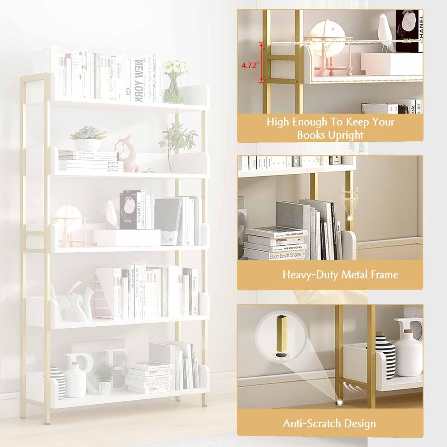 OSCHF Wide Open Shelf Bookcase - Modern 5-Tier Freestanding Display Bookshelf with Three-Side Panels for Home and Office, Storage Shelving in Warm White with Gold Frame