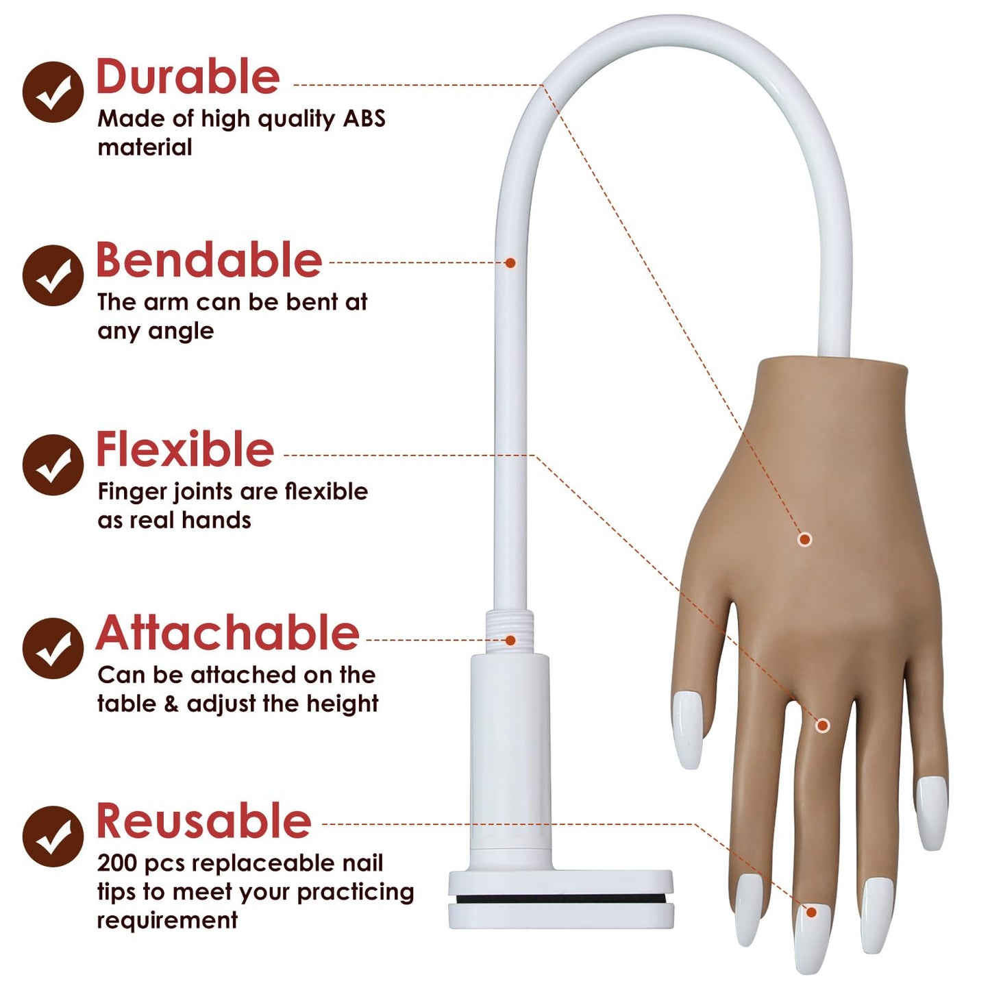 Acrylic Practice Hand Fake Nails Kit, BORNBYME Upgrade Nail Training Adjustable Finger Kits, Fake Nails Hands for Nail Beginner Practice with 200 PCS Nail Tips, White
