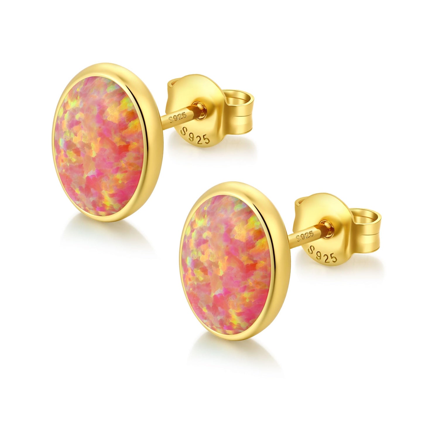 JiayangJY Silver Red Fire Opal Stud Earrings for Women 18K Yellow Gold Plated Sterling Silver Oval Shape 6mm Opal Earrings with Push Back