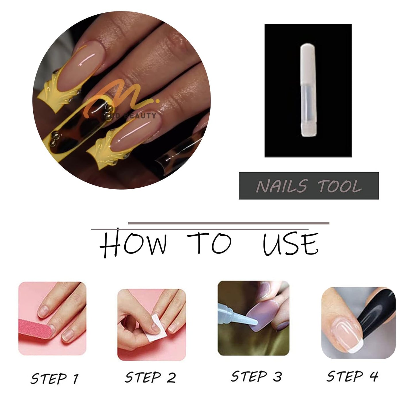 MISUD Press on Nails - Long Square Fake Nails with Fall Brown Amber, Acrylic Yellow French Tip Design 24 pcs