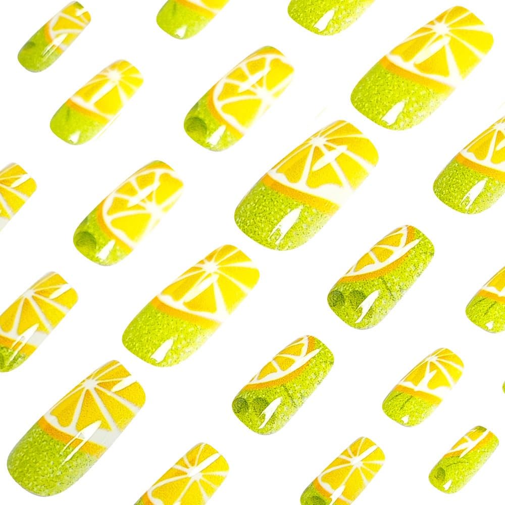 CTTHNBD Square Press on Nails Medium - Green Fake Nails with Leaf Fruit Pattern Design - Summer Full Cover Stick on Nails - for Women 24 Pcs