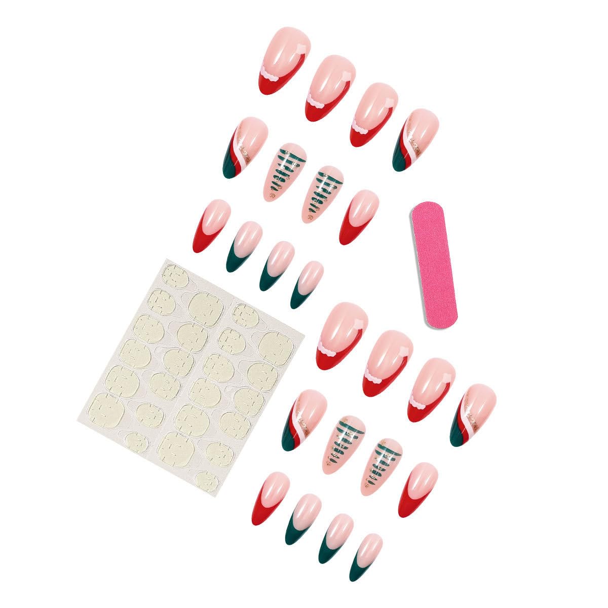 Christmas Almond Press on Nails Medium French Tip Fake Nails with Tree Designs Red Hat Tip Christmas Stick on Nails Gold Line Christmas Glue on Nail Full Cover Glossy False Nails for Women