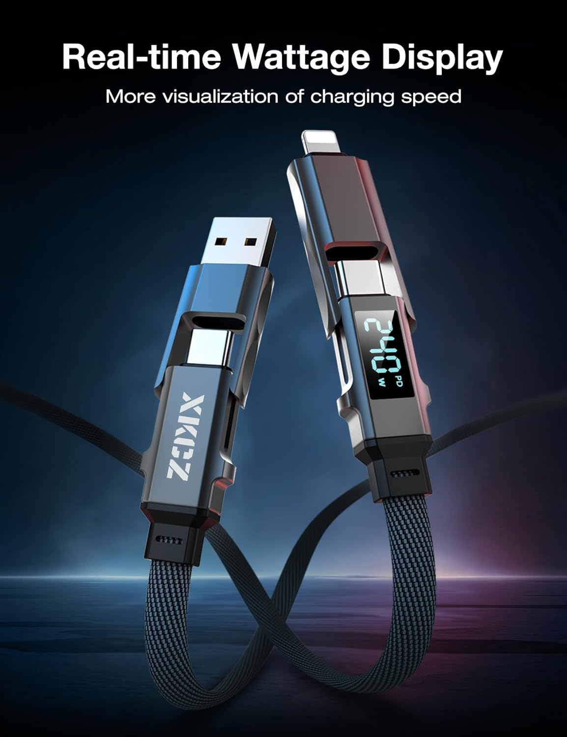 4 in 1 USB C Cable with Wattage Display, 240W Flat Nylon Braided Multi Charge Cable with Data Sync, USB C Charging Cord Combo Type C/USB A/L Port for iPhone/iPad/Samsung/Laptop, 5FT
