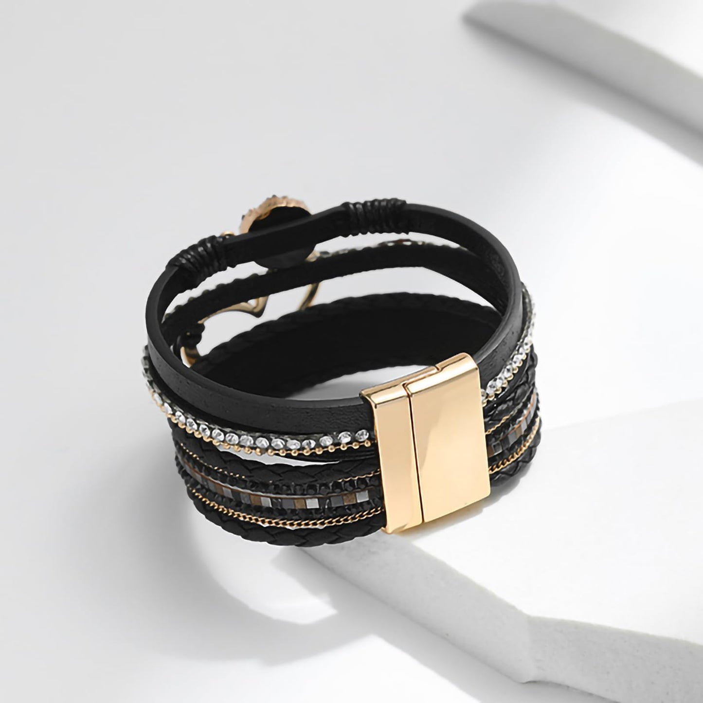 Leopard Bracelet for Women, Boho Leather Wrap Multi-Layer Pearl Crystal Bracelet Bangle Jewelry (Heart Leather(Black))