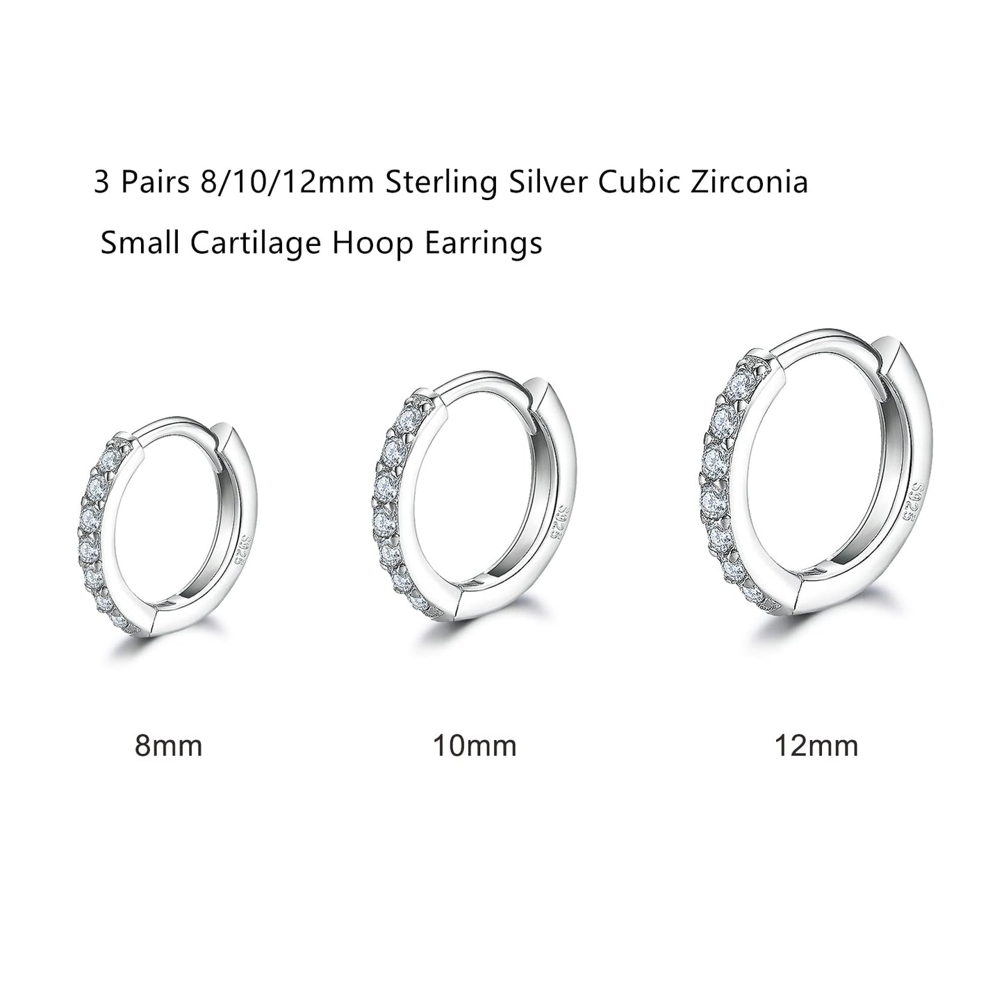 Cartilage Earring Hoop Sterling Silver Small Hoop Earrings Cubic Zirconia Cuff Huggie Mini Hoops Piercing for Women 8mm 10mm 12mm