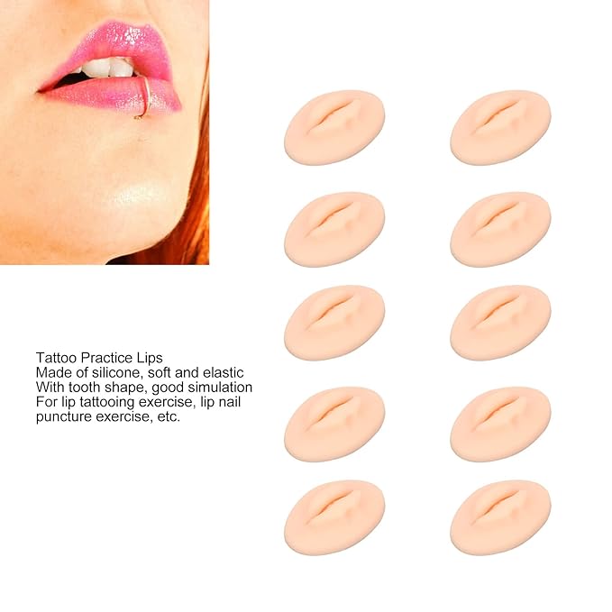 Dioche Fake Lips, 10PCS 3D Practice Silicone Lips Practice Lips Open Mouth Silicone 3D Fake Lips for Semi Permanent Training (Light Skin Colour)