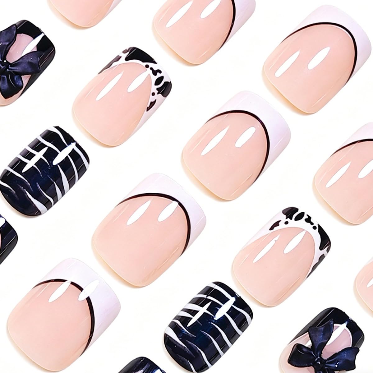 Short Square Press on Nails French Tip Fake Nails with Zebra Print & 3D Bow Design Nude Base Acrylic False Nails Reusable Glue on Nails for Women, Black White Manicure Kit with Jelly Glue, 24Pcs