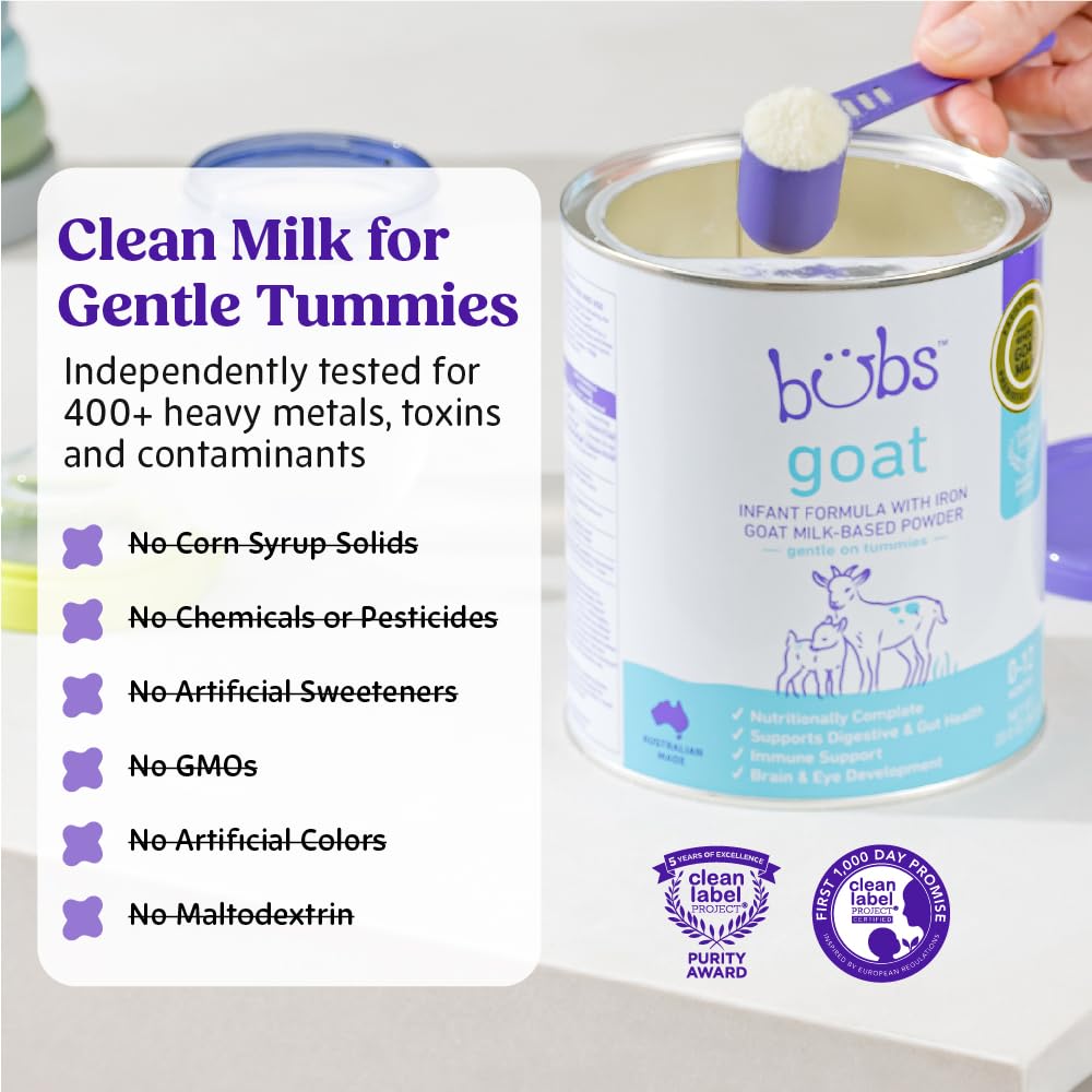 Bubs Whole Goat Milk Formula with Iron, Goat Milk-Based Powder, for Infants 0-12 Months, Made with Non-GMO Goat Milk, 20 oz